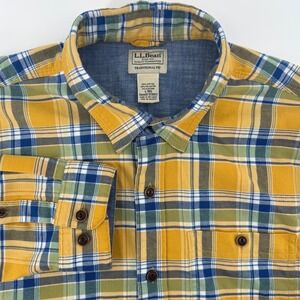 LL Bean Traditional Fit‎ Mens L Reg Plaid Button Down Shirt Yellow/Blue Flannel